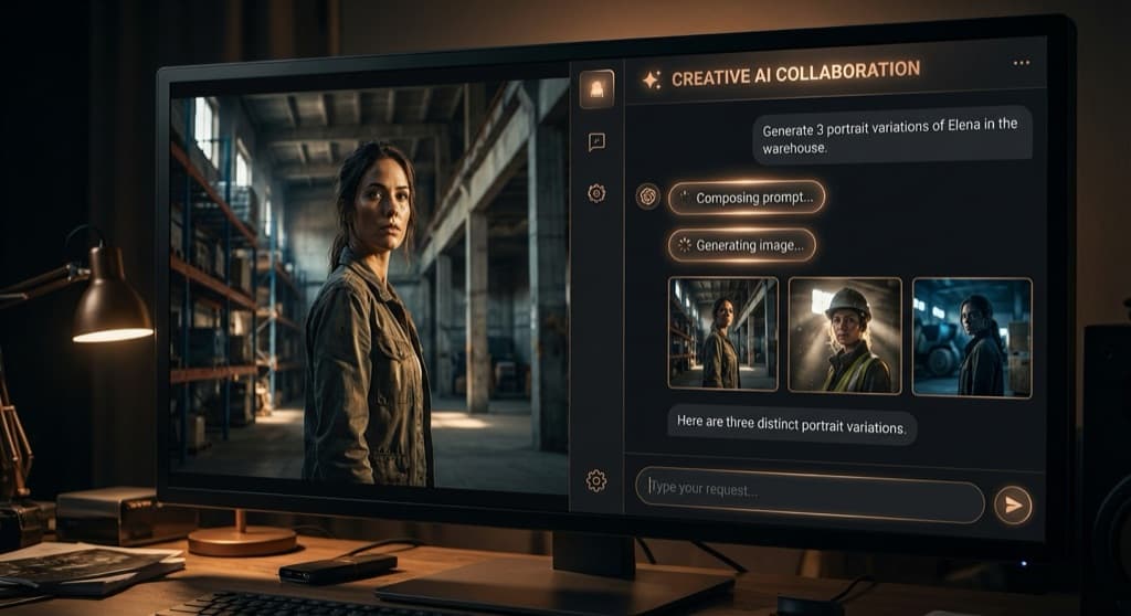 Skia Assistant sidebar showing natural language filmmaking direction